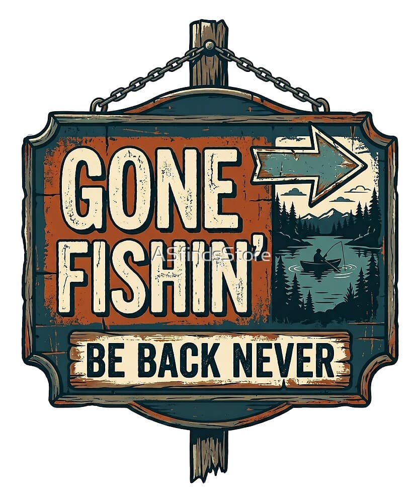Gone Fishin' Be Back Never design — a rustic vintage Gone Fishin' sign