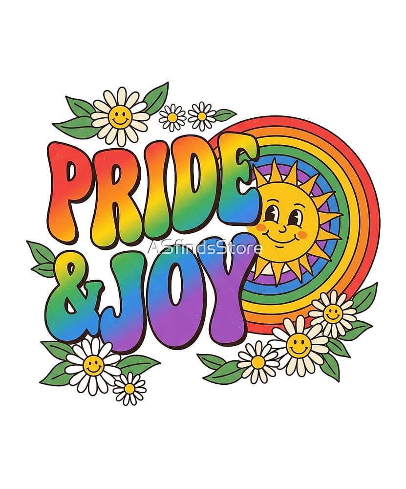 Pride & Joy Groovy design — a retro rainbow sun and daisy