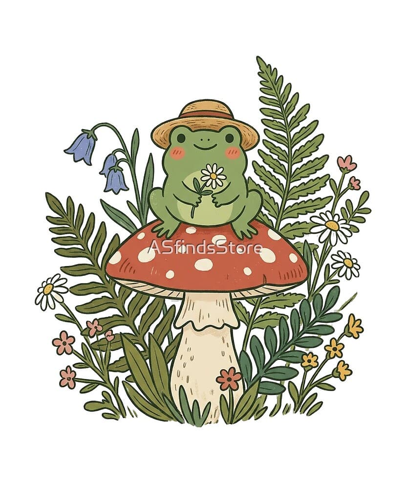 Cottagecore Frog design — a hatted frog on a mushroom among daisies