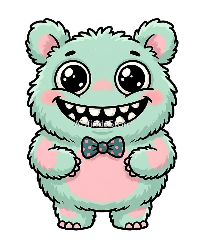 Fluffy Monster design — a pastel-mint fuzzball with a dapper bow tie