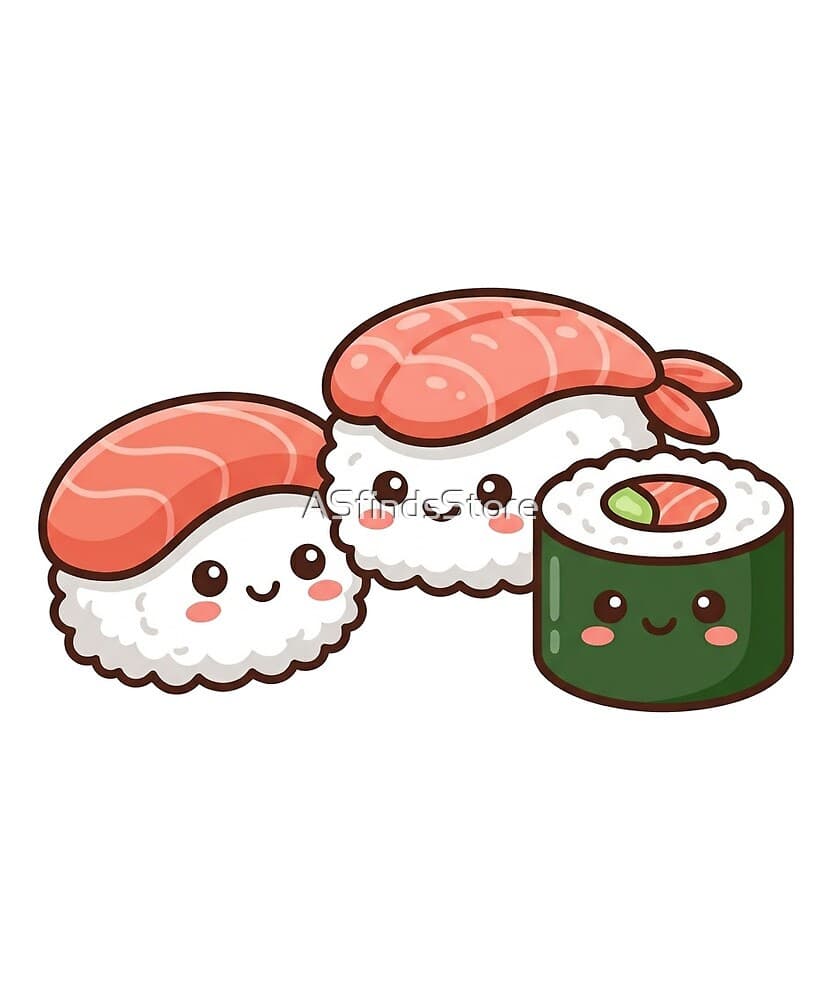 Sushi Friends design — a happy plate of salmon nigiri and maki besties