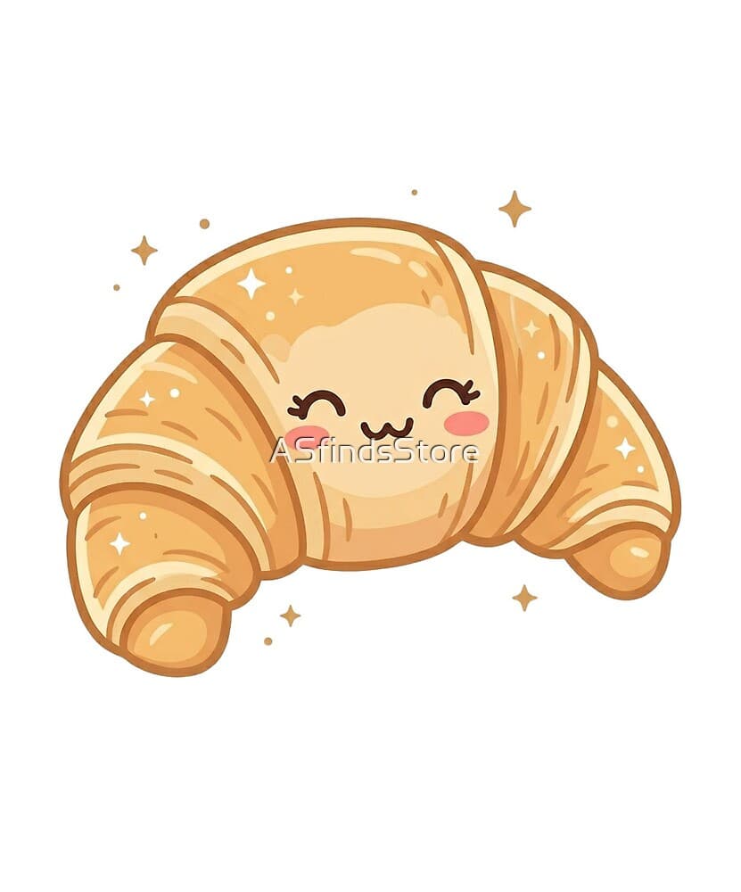 Kawaii Croissant design — a cute smiling pastry with rosy cheeks and golden sparkles